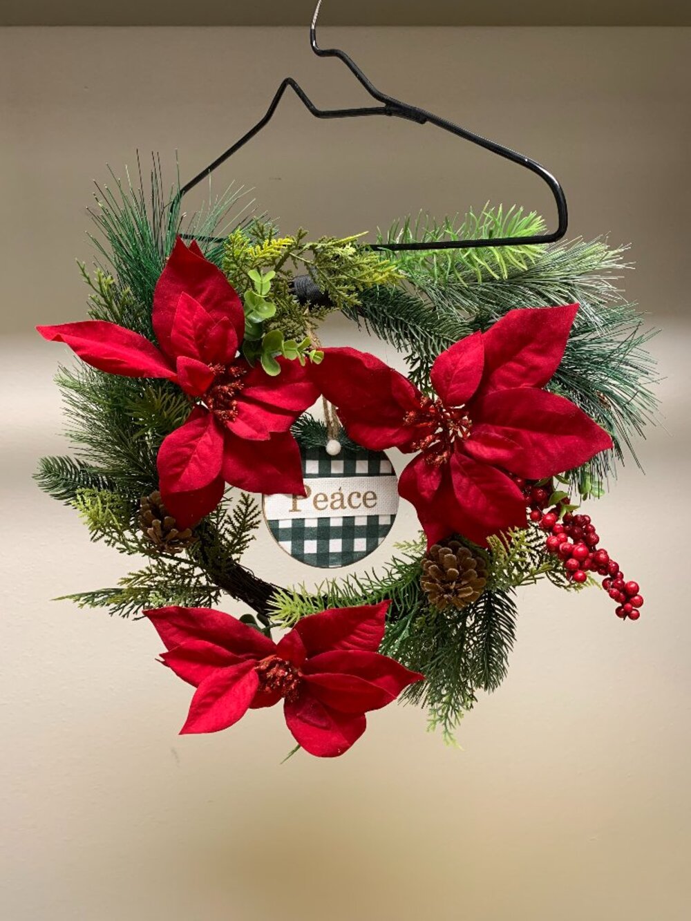 Holiday Wreath with Poinsettias & “Peace” Sign, Festive Christmas Decor